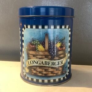 Longaberger Tin Canister Blue Metal Kitchen Storage Decor Basket Fruit Design 5"